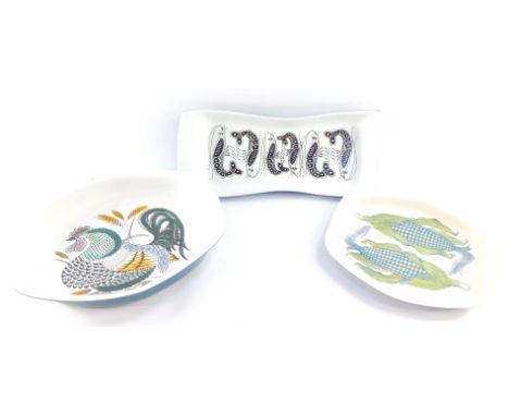 A Poole pottery Lucullus range pottery roast chicken dish, decorated with a chicken, together with a sweet corn dish and a pr