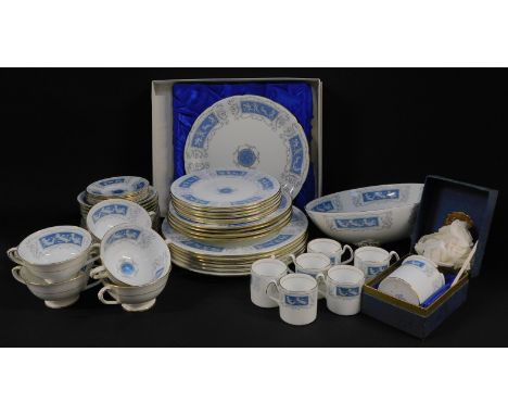 A Coalport porcelain part dinner and coffee service, decorated in the Revelry pattern, comprising six dinner, dessert and sid