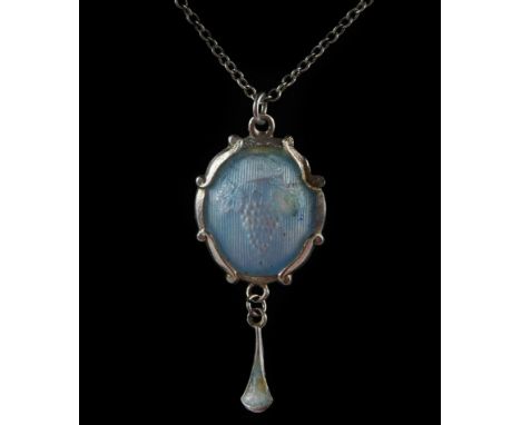 A Charles Horner silver and turquoise enamel Art Nouveau pendant, decorated in guilloche enamel with grapes, on a silver chai