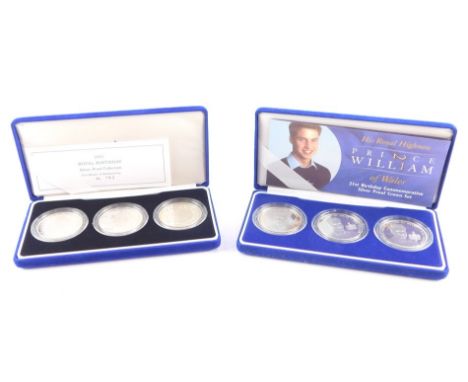 A Royal Mint Royal Birthday Silver Proof Coin Collection 2001, three coins with certificate No 162, together with a Prince Wi