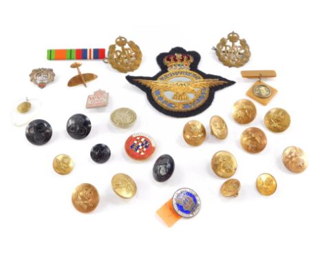 RAF badges and buttons, Royal Naval white metal and enamel badge, Holland CC Lincolnshire Air Raid Welfare enamel badge, WVS 