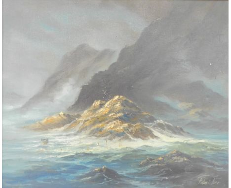 Robert Ixer (British, b. 1941). Stormy coastal seascape with cliffs, oil on canvas, signed, 49.5cm x 59cm.