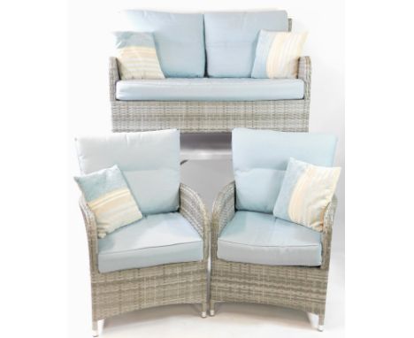 A Dobbies Lloyd Loom style three piece conservatory set, in grey, with turquoise and striped cushions, comprising two seater 