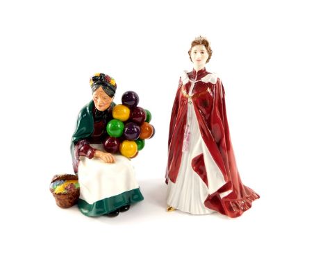 A Royal Doulton figure modelled as The Old Balloon Seller HN1315, together with a Royal Worcester porcelain figure of Her Maj