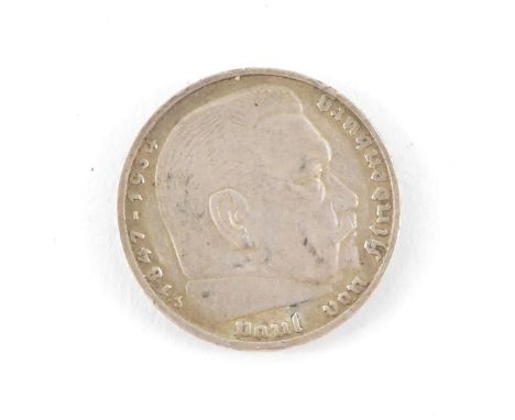 A German Third Reich 5 Reichsmark coin 1936, obverse bust portrait commemorating the life of President General Paul von Hinde