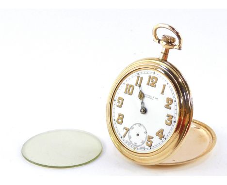 An Saxon Watch Co Swiss gentleman's gold plated pocket watch, open faced, keyless wind, enamel dial bearing Arabic numerals, 