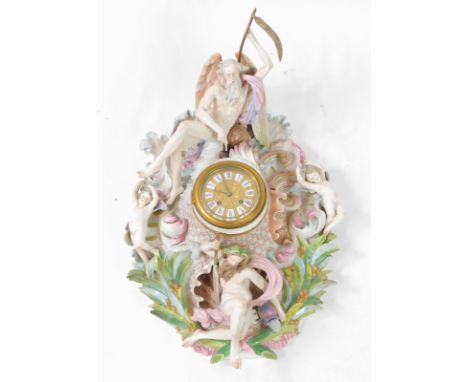 A Meissen style 19thC porcelain wall clock, circular embossed brass dial with Roman enamel numerals, eight day French movemen