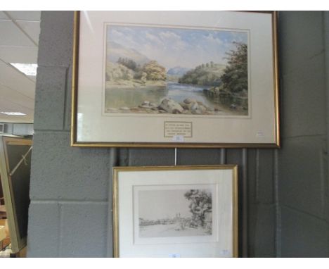Eugene Bejot, View of Paris along the Seine, etching, signed (19 x 27 cm); and a Highland river scene watercolour, unsigned (