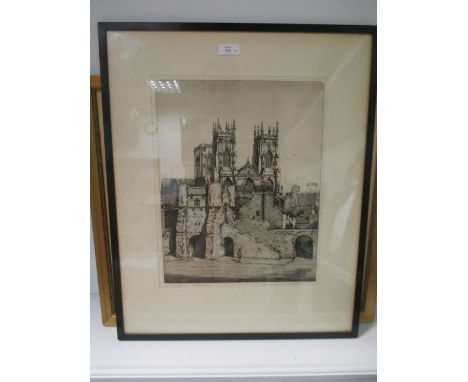 An etching of a church, signed in pencil together with H.E West (British 20th century), 'The end of the day', watercolour (2)