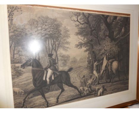 Stag hunting in France a 19th century monochrome aquatint with etching 49 x 69cm (visible; trimmed)  