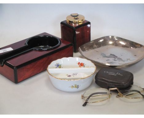 A miscellaneous lot including an ashtray and lighter, Christian Dior glasses, Meissen Dish, German sterling dish  