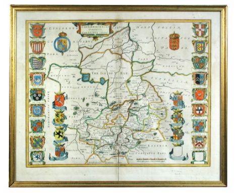 Joan Blaeu (Dutch, 1596-1673) Cambridgeshire, a hand coloured double-page engraved map, c. 1648 or later, light foxing to mar
