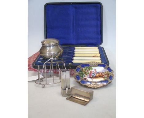A silver gilt (stamped 800), lapis lazuli and enamel powder compact, a silver lipstick compact (London 1955) together with a 