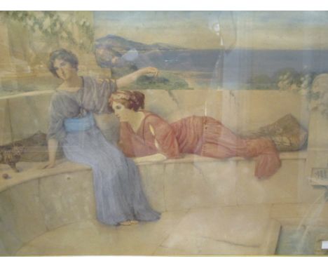 A Weatherton - Pre Raphaelite beauties playing with a kitten, watercolour, signed, 47.5 x 75.5 cm; and Arthur E Fish - Sheep 