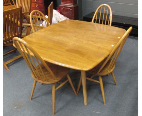 An Ercol blonde elm drop leaf dining table 122 x 111cm fully open together with four matching dining chairs  