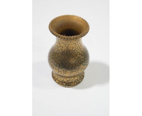 A Sunflower Pottery vase by Sir Edmund Elton, of waisted form with crimped rim and gold craquelure, painted Elton mark, 12cm 