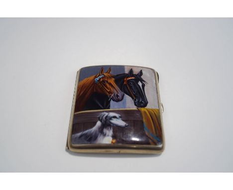 A silver plated enamelled cigarette case, the cover with two horses and a dog, 8.6 cm x 7.7 cm
