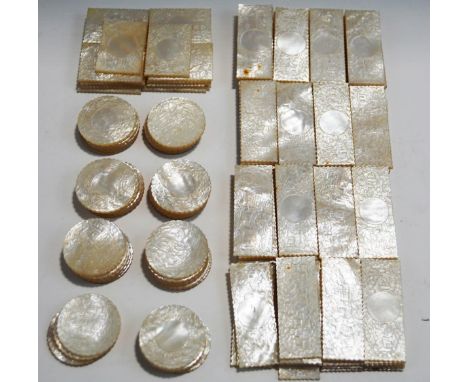 A large quantity of Chinese mother of pearl gaming counters, carved with figures (78 rectangular, 36 circular and 18 square)