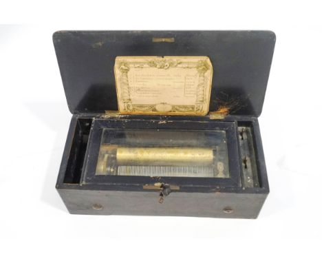 A Victorian Swiss rosewood cased musical box, playing eight airs, missing winding handle, 42cm wide