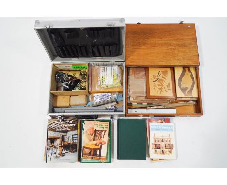 A quantity of marquetry wood working tools, various veneers/inlays, and a small quantity of woodworking and dolls house makin