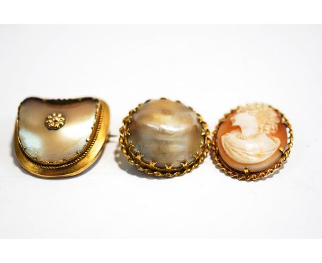A 9 carat gold shell cameo brooch, 3.3 cm long, 6.6 g gross; with two mother of pearl set brooches