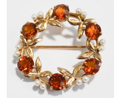 A 9 carat gold, citrine and cultured pearl brooch, of open circular design, 3.2 cm diameter, 6.8 g gross