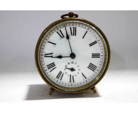 A French brass drum alarm clock, 10cm high, with key