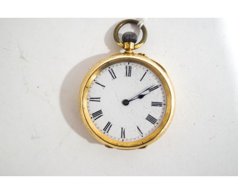 A fob watch, stamped '18k', with a white enamel dial, black Roman numerals and hands, the four piece hinged case with a gilt 