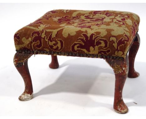 An early 20th century footstool with tapestry cover and chinoisere Japanned cabriole legs, 27cm high x 40cm wide x 32cm deep
