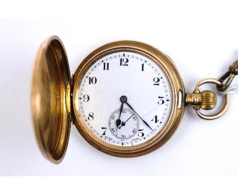 Anonymous, a 9 carat gold hunter pocket watch, the white enamel dial with black Arabic numerals, blued steel hands, and a sub