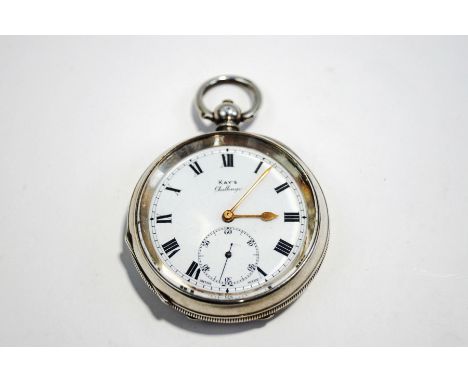 Kays, Challenge, a silver open faced pocket watch, the white enamel dial with black Roman numerals, gilt hands, and a subsidi