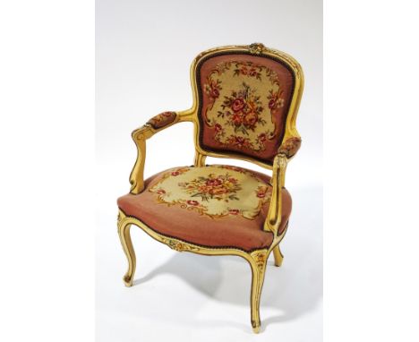 A Louis XVI style painted bedroom chair, with pink tapestry upholstery