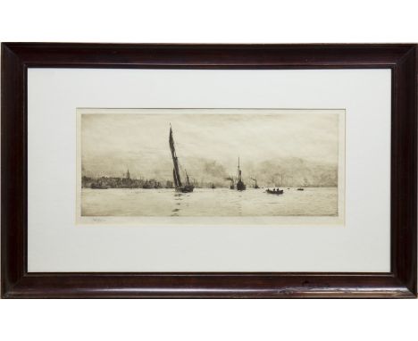 WILLIAM LIONEL WYLIE RA (BRITISH 1851 - 1931), OFF GRAVESENDetching, signed20cm x 50cmMounted, framed and under glassLabel ve