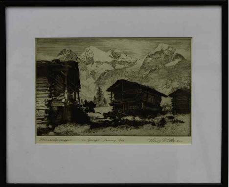 * HENRY WILKINSON (BRITISH 1921 - 2011),ALPINE LANDSCAPEetching, signed, titled and dated January 196218.5cm x 17cmMounted, f