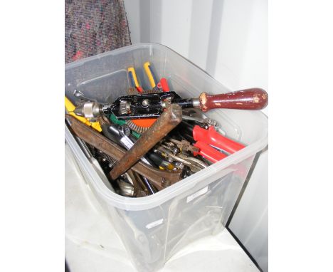 A plastic box containing various useful tools