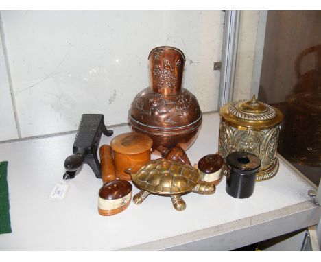 Various collectables including circular brass tea caddy etc.