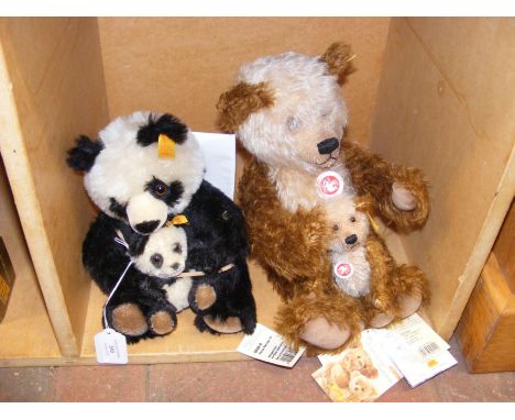 A Steiff Panda and baby, together with Steiff Cappuccino Bear and baby 