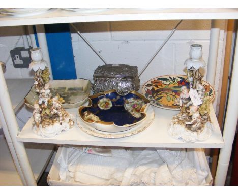 A pair of continental candlesticks, together with assorted plates, including Royal Doulton and Noritake, together with silver