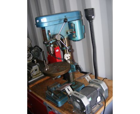 A Naerok bench mounted pillar drill together with a bench grinder