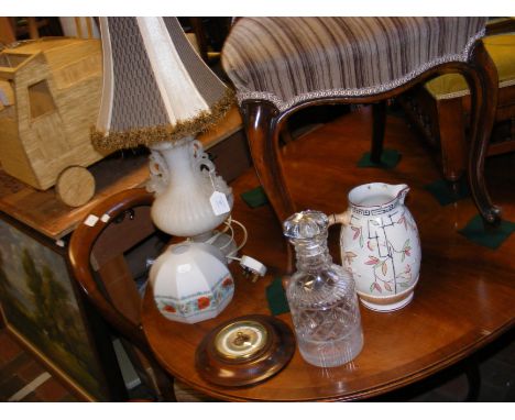 An alabaster table lamp, together with wall barometer, glass shade, glass decanter and ceramic jug 