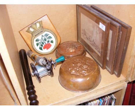 A sundry lot of collectables, including Police truncheon, Prototype fishing rod and reel, two copper jelly moulds, etc.  COND