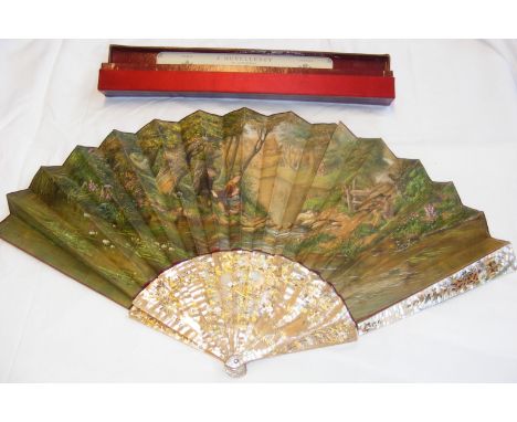 An antique hand painted fan by H.Rowley, 1884 with mother of pearl stick and original Duvelleroy caseCONDITION REPORTdamage t