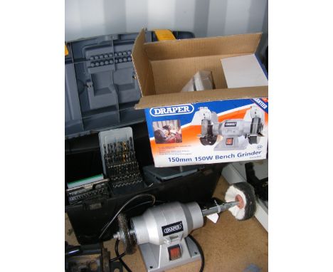 A bench mounted Draper polisher together with boxed bench grinder and tool box