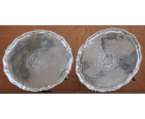 A LARGE PAIR OF GEORGE III SILVER SALVERS,&nbsp;by&nbsp;Thomas Hannam (or Hammond) &amp; John Carter&nbsp;(probably), London 