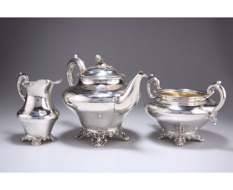 A VICTORIAN SILVER THREE-PIECE TEA SERVICE,&nbsp;by Richard Pearce &amp; George Burrows, London 1838, 1846 and 1847, squat ci