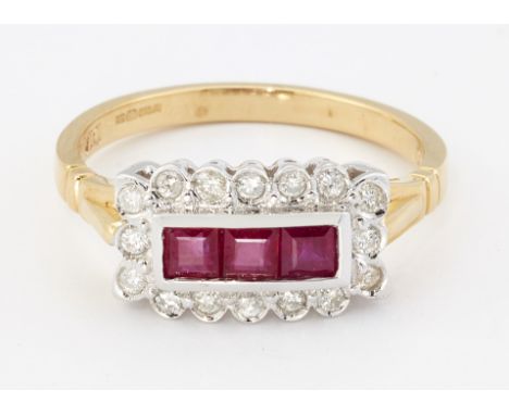 AN 18CT GOLD RUBY AND DIAMOND CLUSTER RING, three calibre-cut rubies within a rectangular border of round brilliant-cut diamo