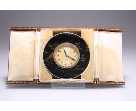 A GEORGE V SILVER AND ENAMEL CHINOISERIE STRUT CLOCK,&nbsp;by&nbsp;Finnigans Ltd, Birmingham 1926, circular, the engine-turne