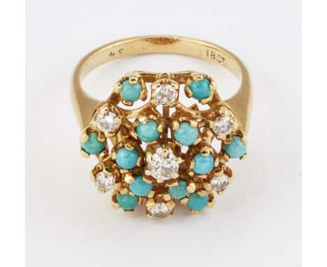 A TURQUOISE AND DIAMOND CLUSTER RING, a hexagonal cluster set throughout with round turquoise and round brilliant-cut diamond