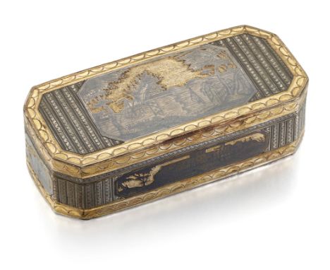 AN 18TH CENTURY RUSSIAN SILVER-GILT NIELLO SNUFF BOX,&nbsp;1790, rectangular with canted corners, the hinged cover decorated 