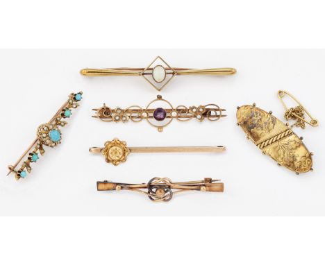 A GROUP OF SIX LATE VICTORIAN AND LATER BROOCHES, including; AN AMETHYST AND SEED PEARL EXAMPLE; A TURQUOISE AND SEED PEARL E